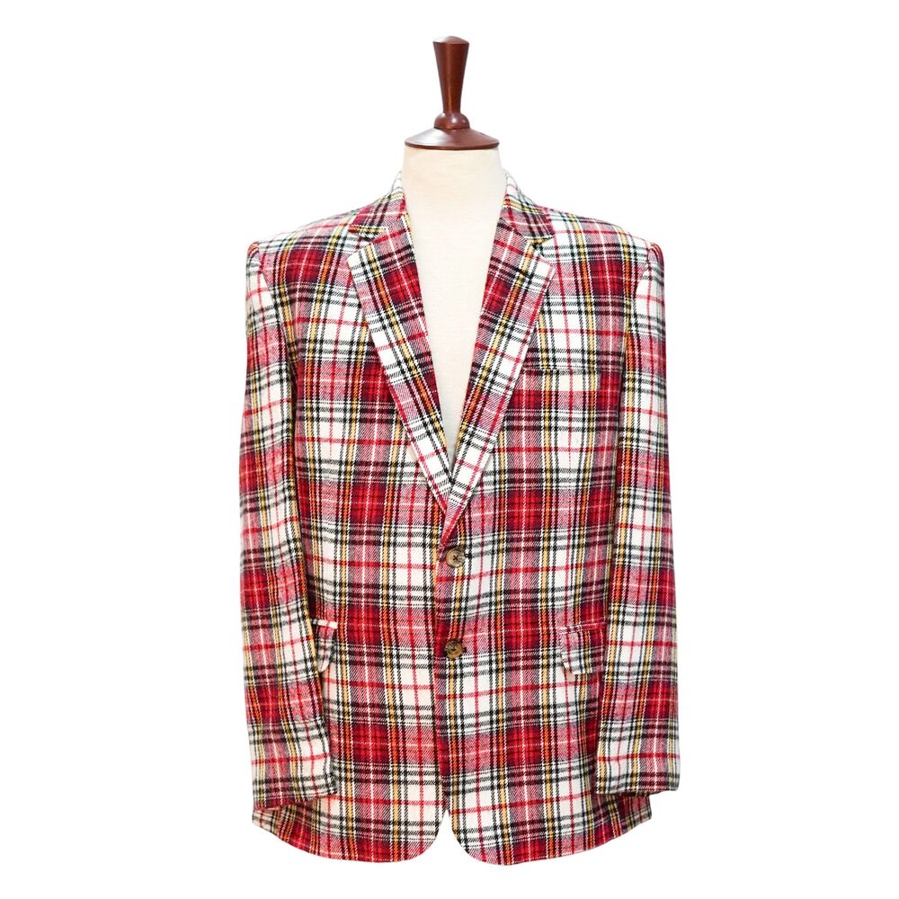Mens Wool Sport Coat 44R Red White Tartan Plaid Blazer Wedding Formal Preppy